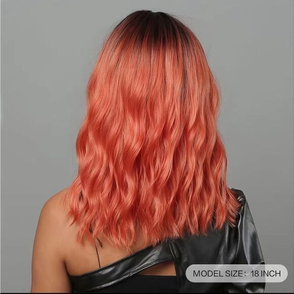 Stunning 18 inch bob water wave, medium length brown granite, dark red ombre wig - Picture 2 of 7